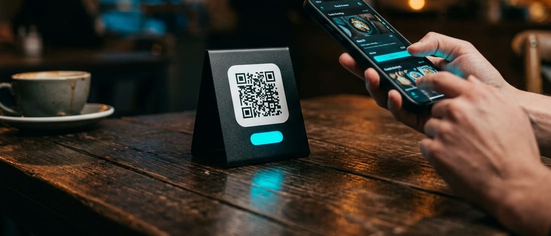 Kafe masasındaki Origo Nexus QR kartı ve menüye bakan müşteri telefonu